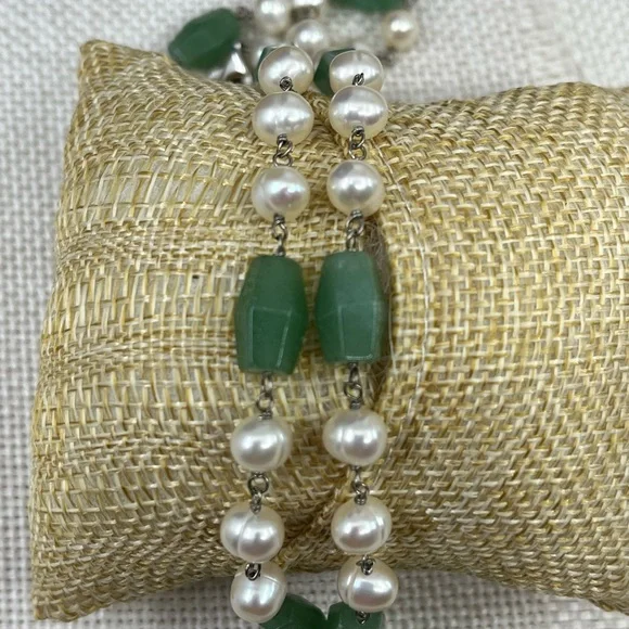 Vintage Green Jade & Pearl Sterling Silver Pendant Necklace 16" - Picture 11 of 17